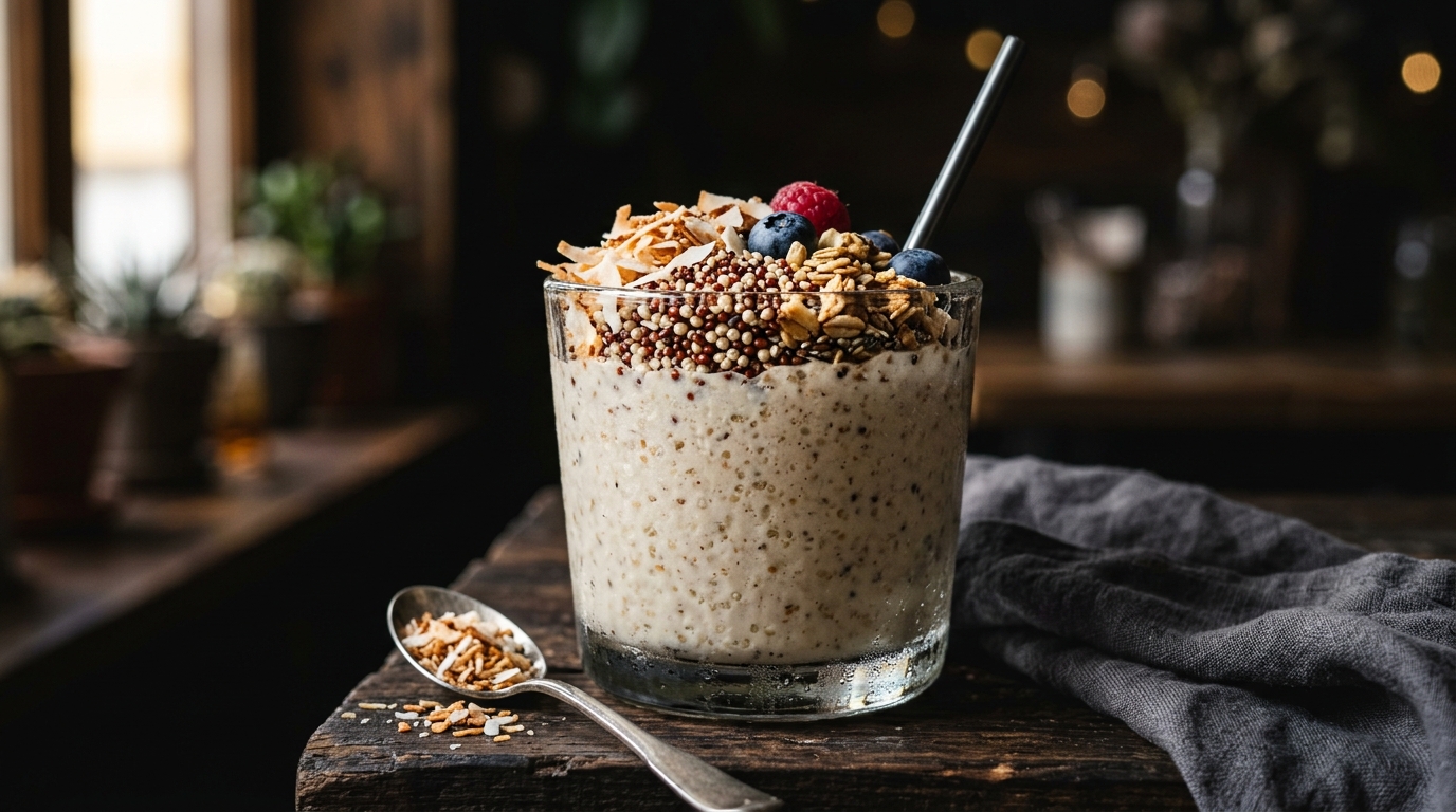 Close-up of coconut and quinoa breakfast milkshake