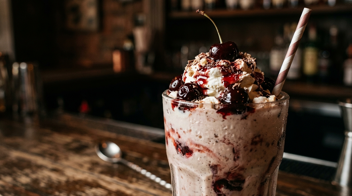 Close-up of cherry vanilla malt milkshake