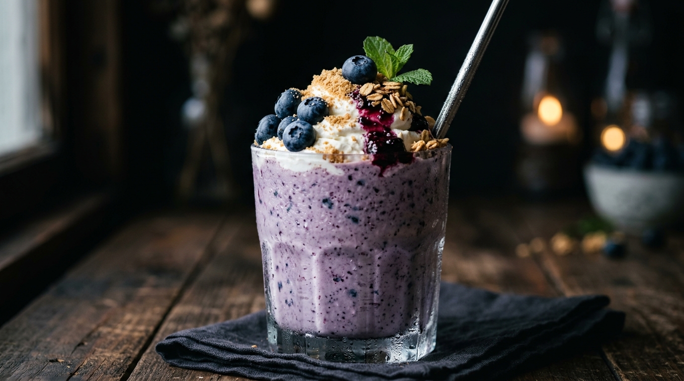 Close-up of blueberry cheesecake protein shake