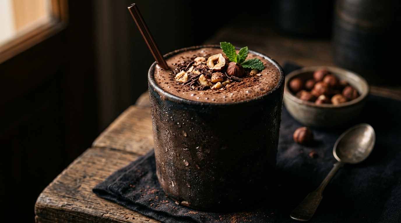 Close-up of vegan chocolate hazelnut protein shake