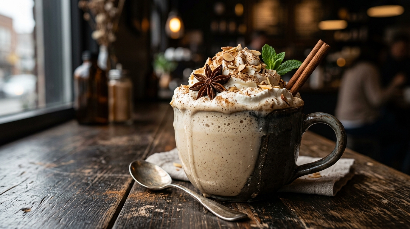Close-up of chai spiced almond milkshake