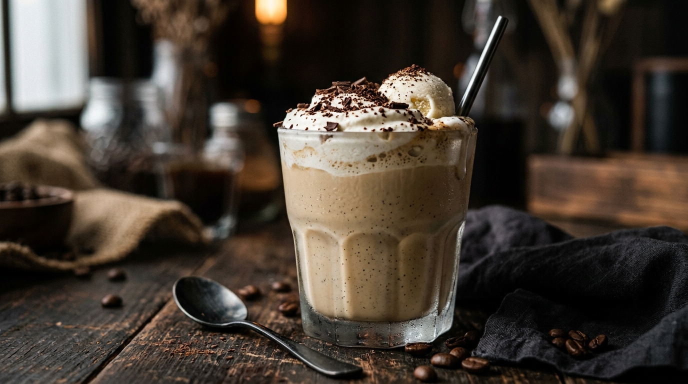 Close-up of cold brew coffee milkshake with vanilla ice cream
