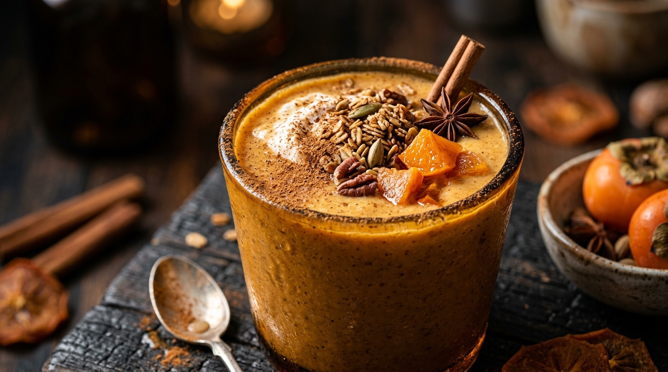 Close-up of persimmon spice protein shake