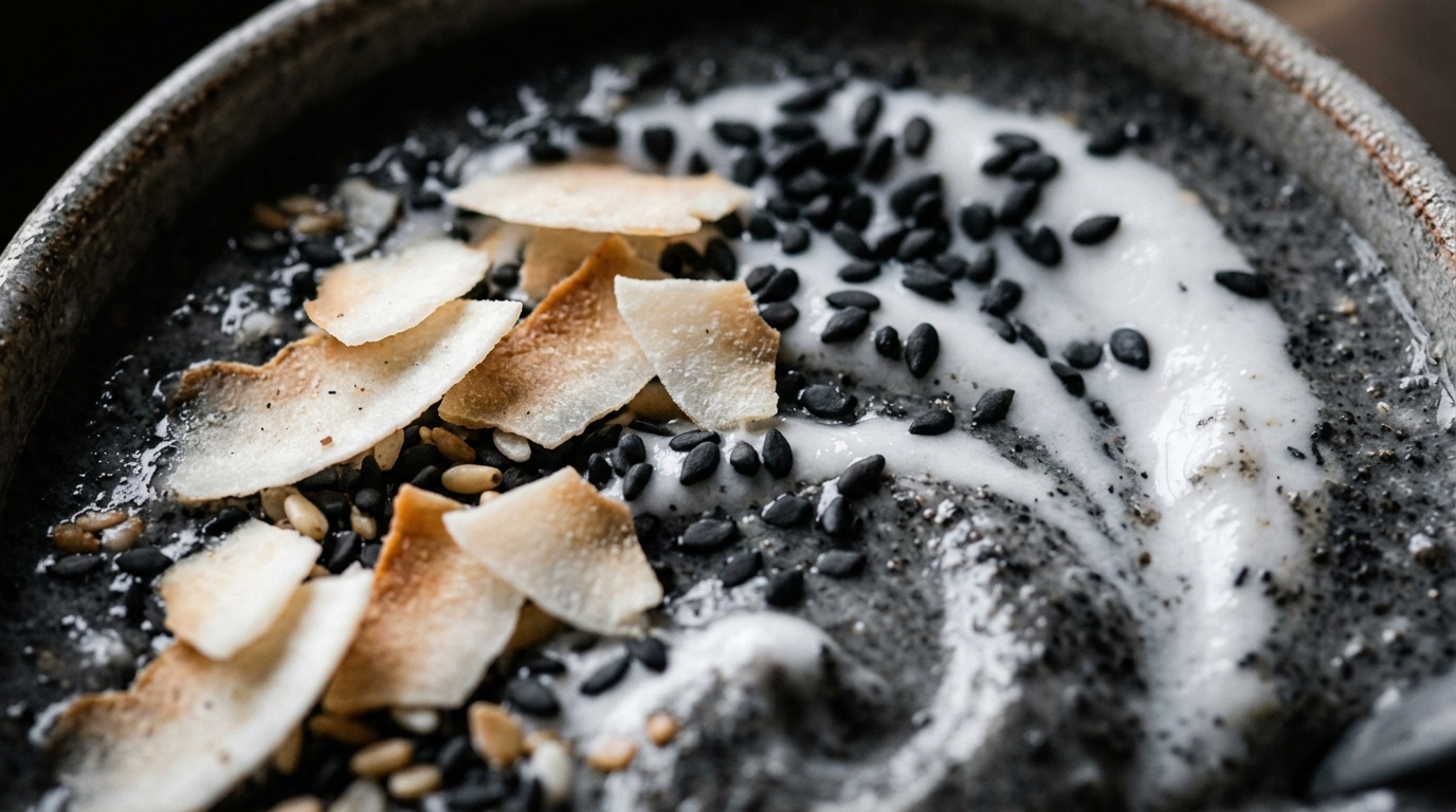Close-up of black sesame coconut vegan milkshake
