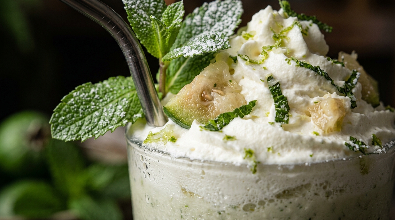 Close-up of feijoa mint refreshing milkshake