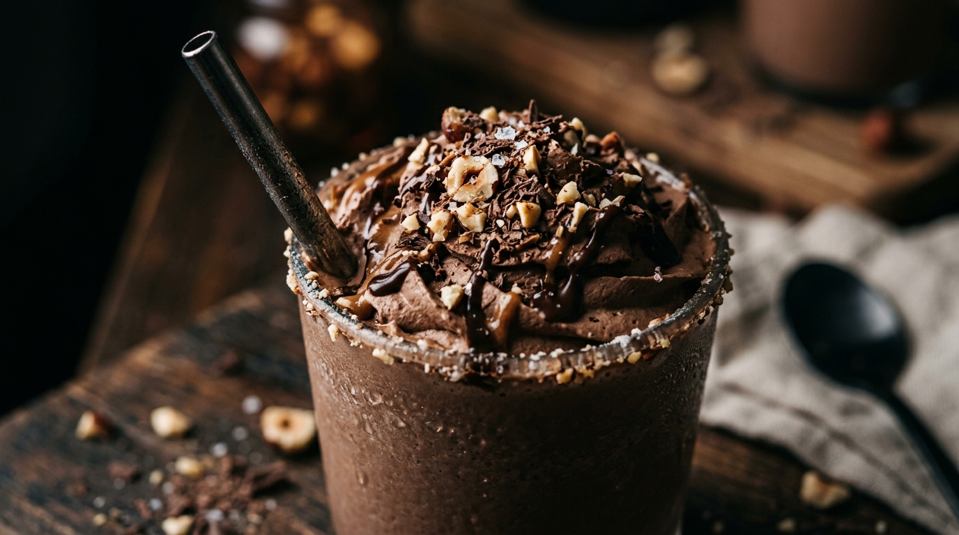 Close-up of indulgent hazelnut chocolate protein milkshake