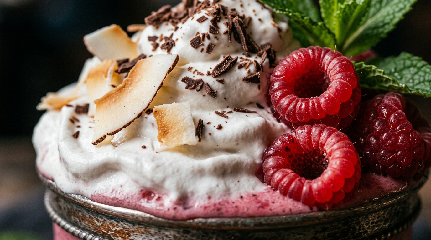 Close-up of tangy raspberry coconut vegan milkshake