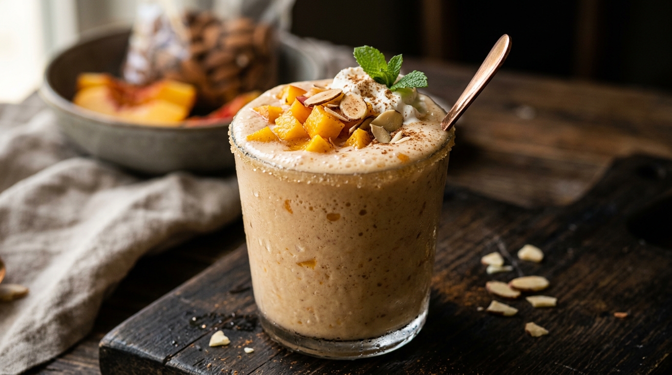 Close-up of sweet peach almond protein milkshake