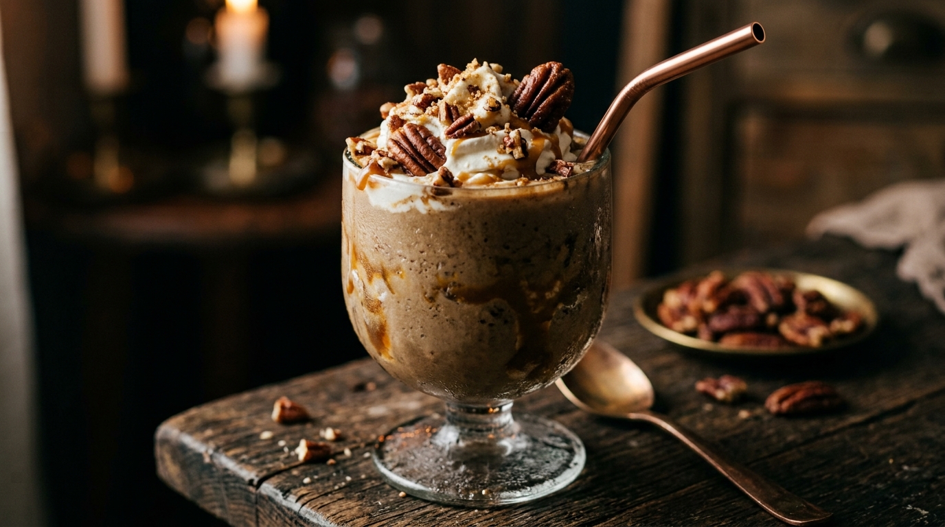 Close-up of rich brown butter pecan milkshake