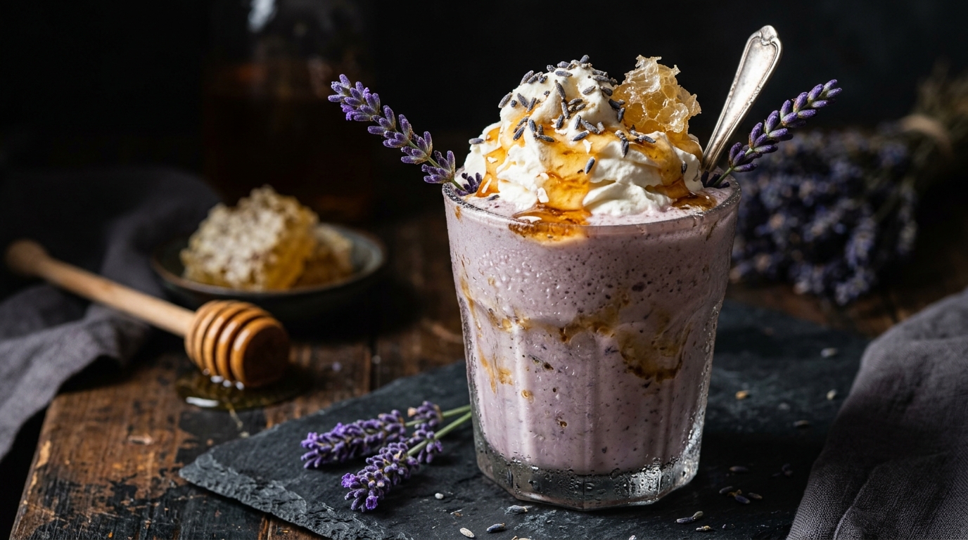 Close-up of creamy lavender honey milkshake