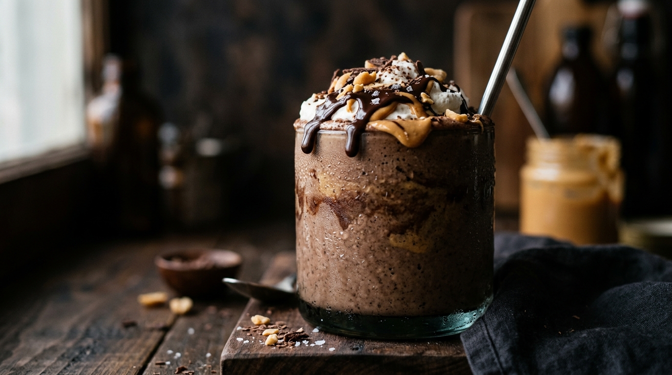 Close-up of chocolate peanut butter protein milkshake