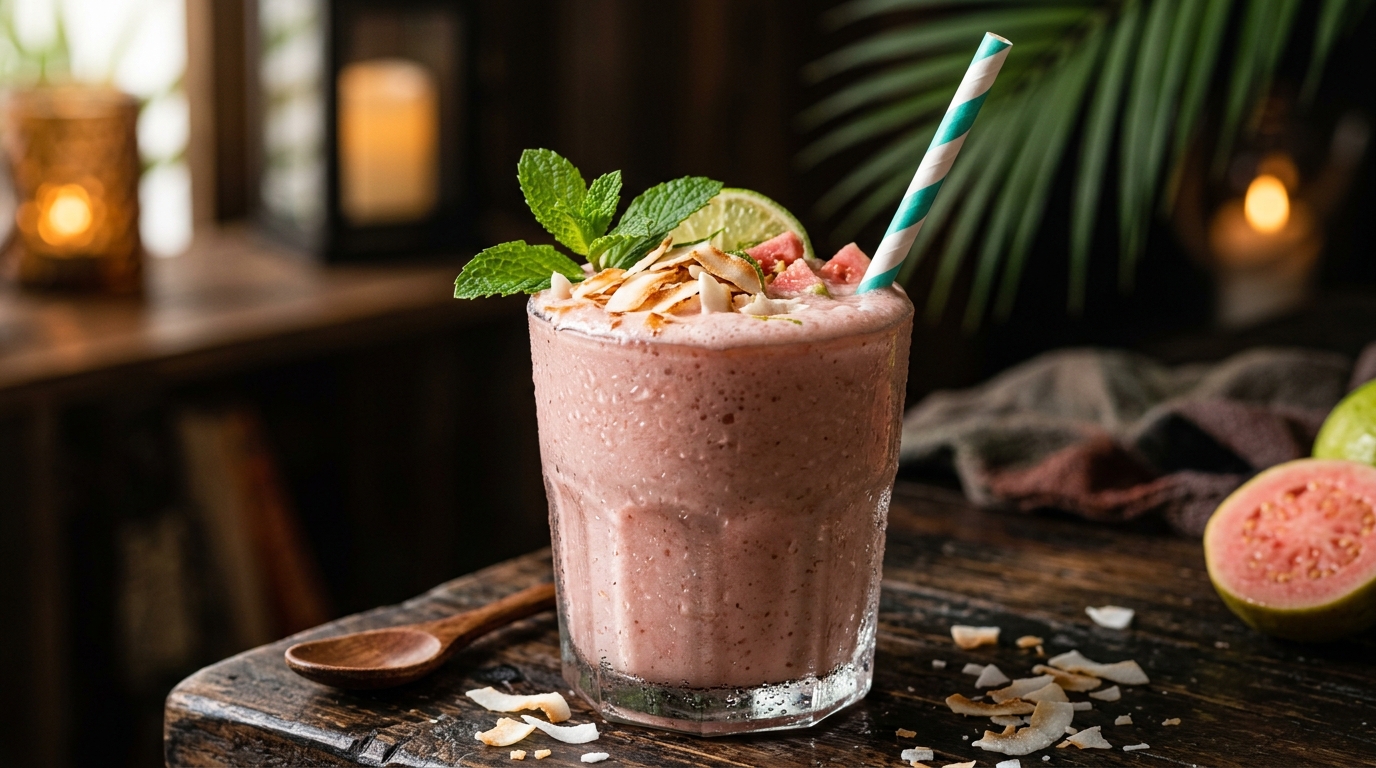 Close-up of tropical guava coconut milkshake