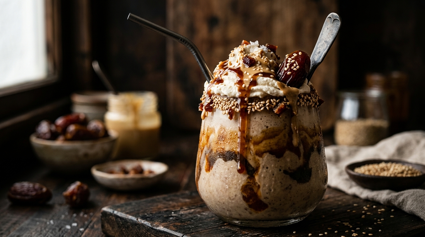 Close-up of decadent tahini date milkshake