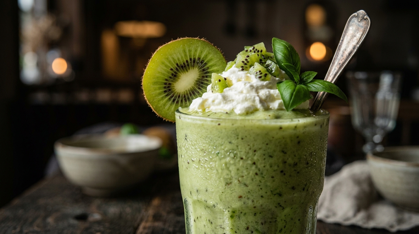 Close-up of refreshing kiwi basil milkshake