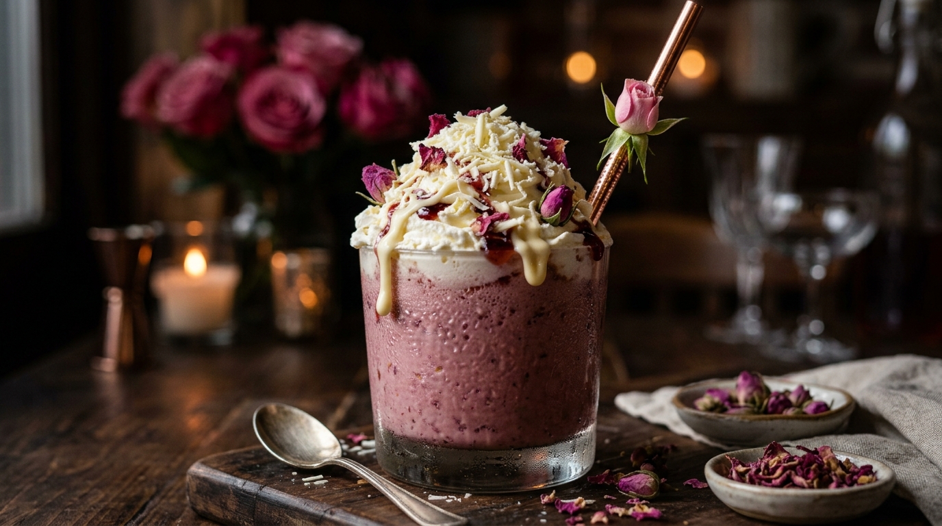 Close-up of indulgent white chocolate rose milkshake