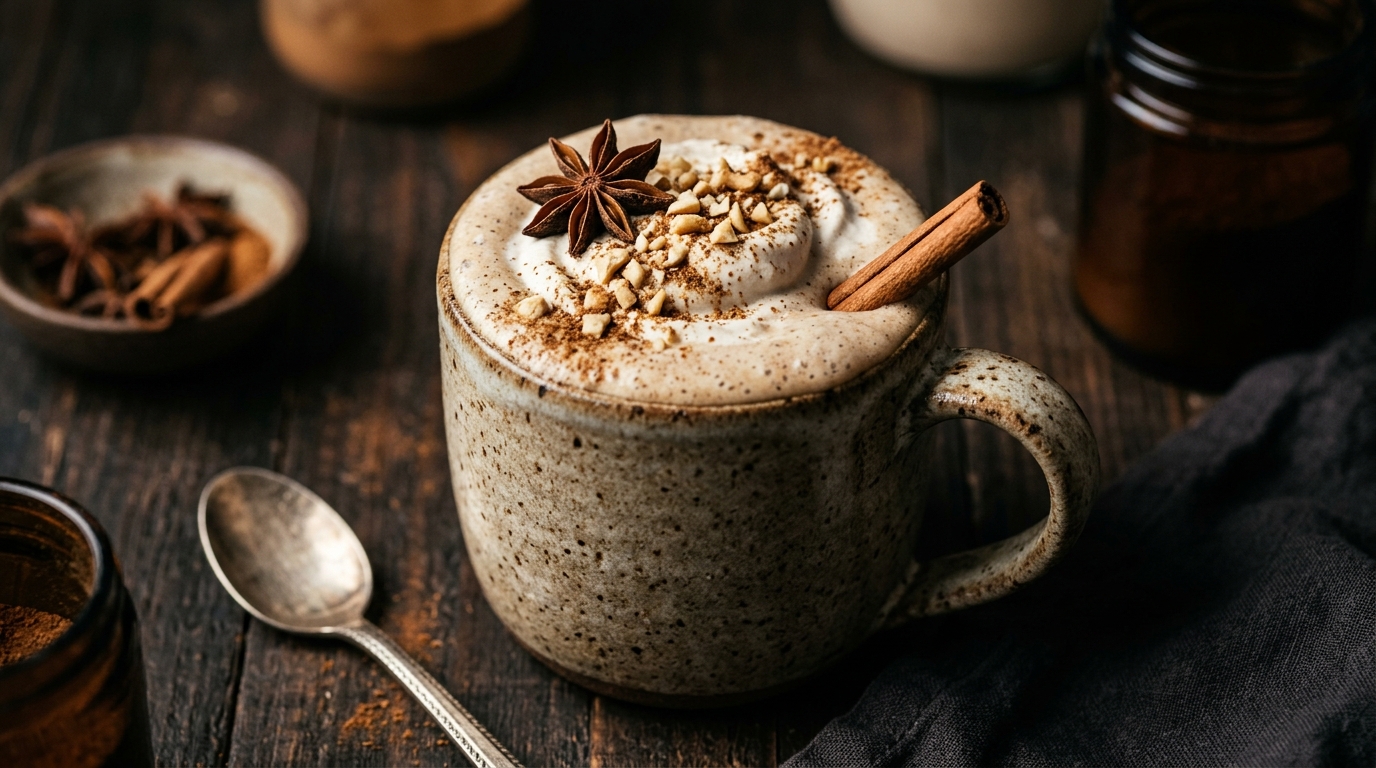 Close-up of protein-packed chai spiced cashew milkshake