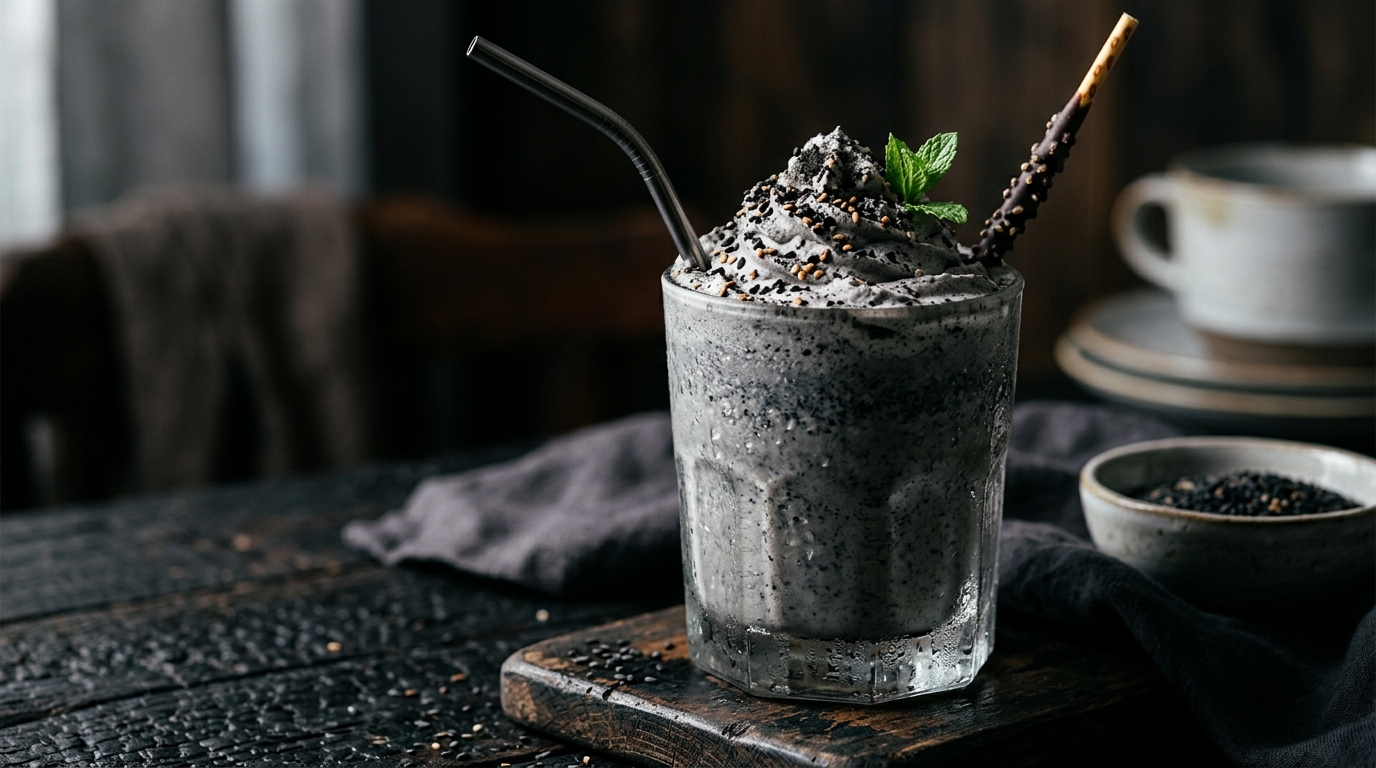 Close-up of creamy black sesame milkshake