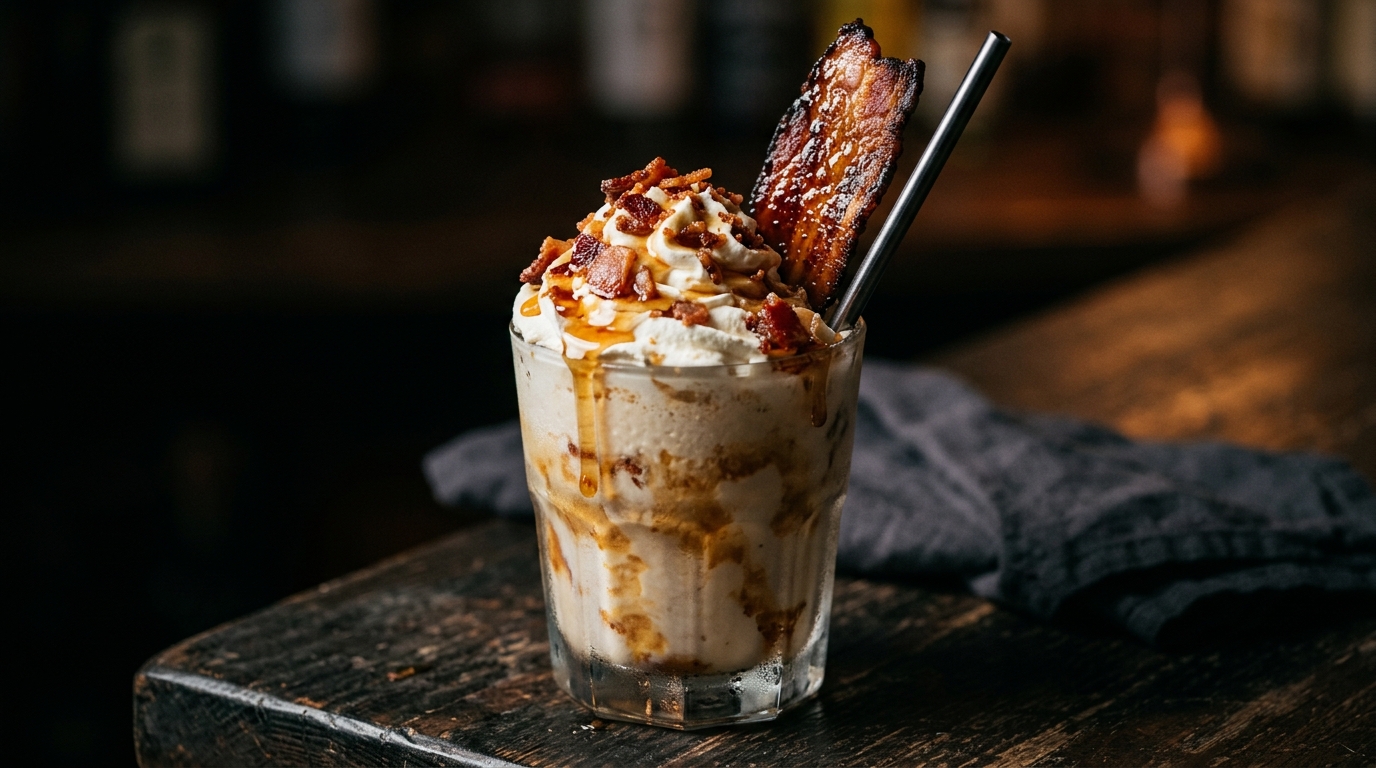 Close-up of rich maple bacon milkshake