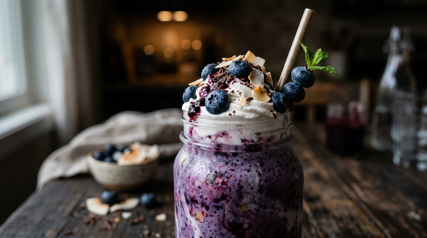 Close-up of luxurious blueberry and coconut milkshake
