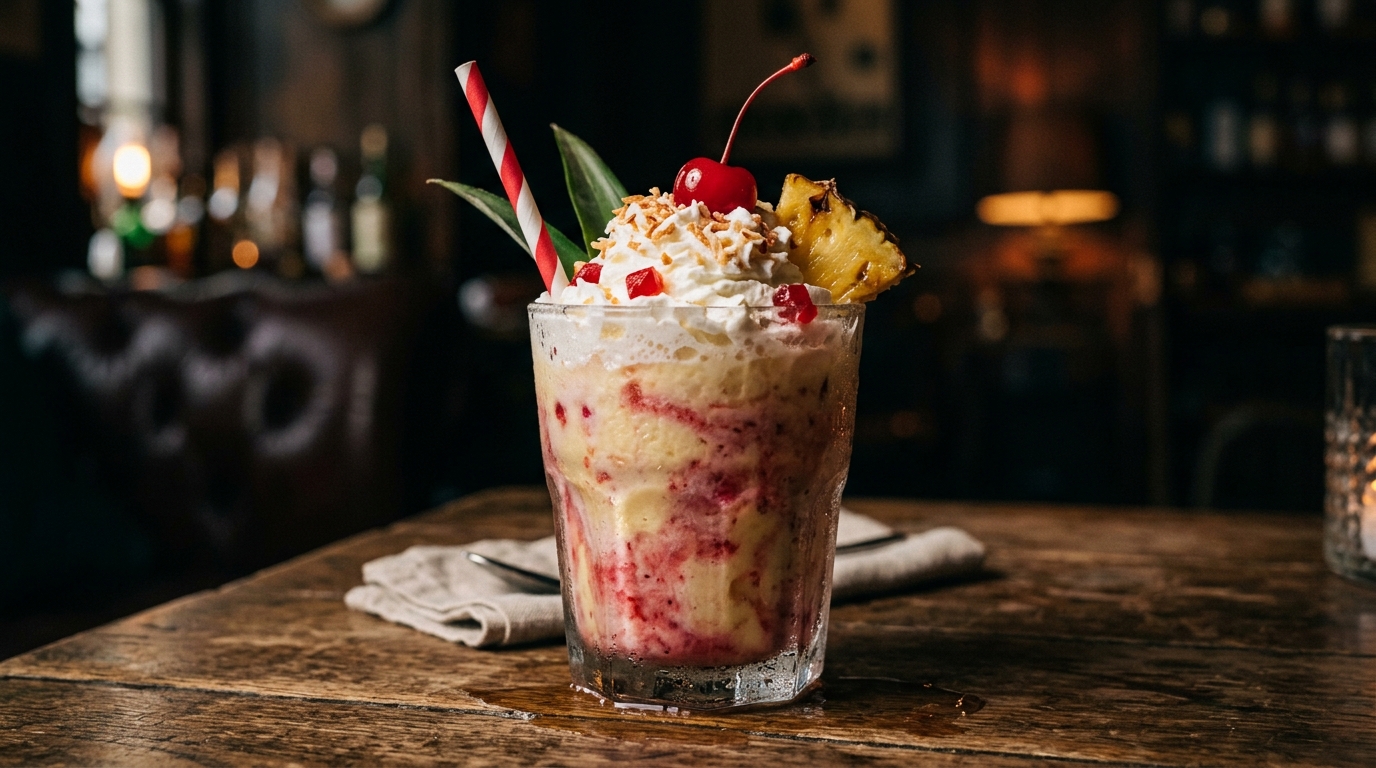 Close-up of refreshing pineapple and cherry milkshake