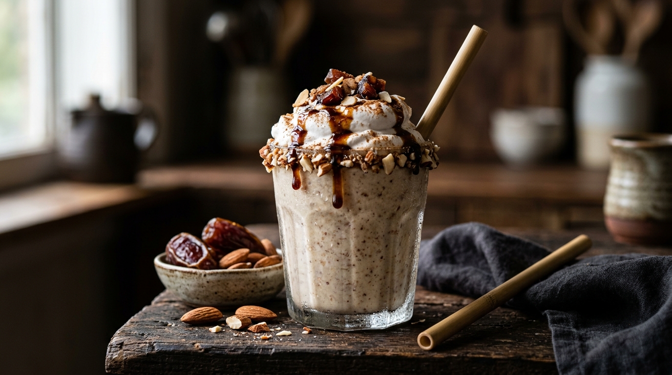 Close-up of vegan date and almond milkshake