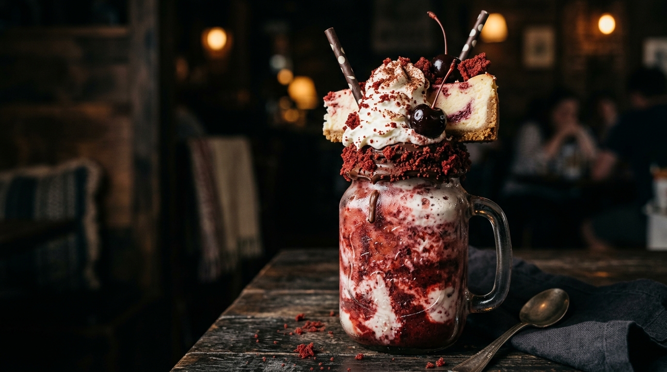 Close-up of red velvet cheesecake dessert milkshake