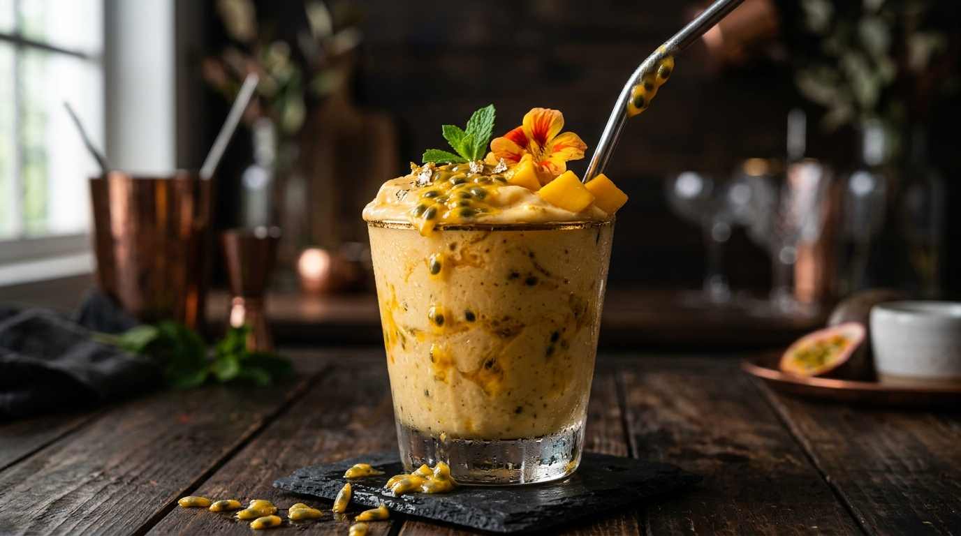 Close-up of exotic mango and passionfruit milkshake