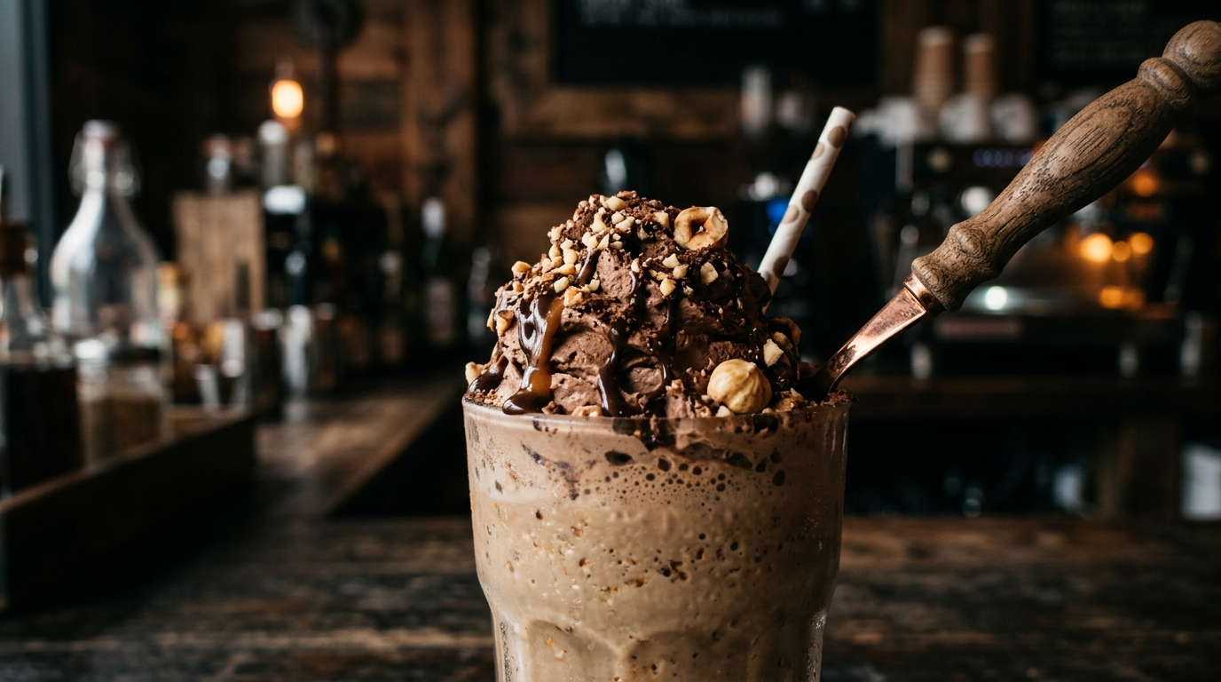 Close-up of creamy hazelnut espresso milkshake