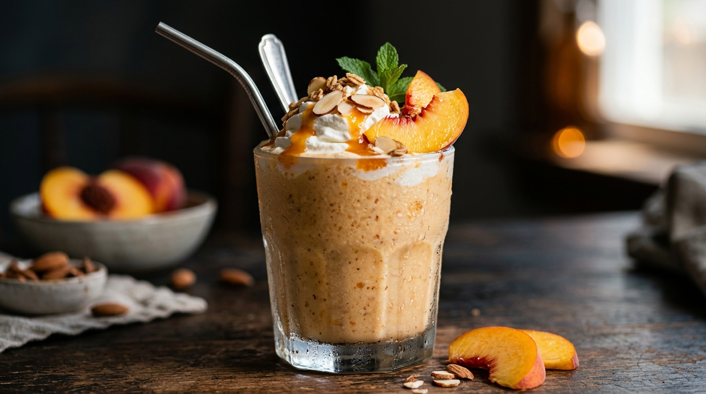 Close-up of refreshing peach almond milkshake