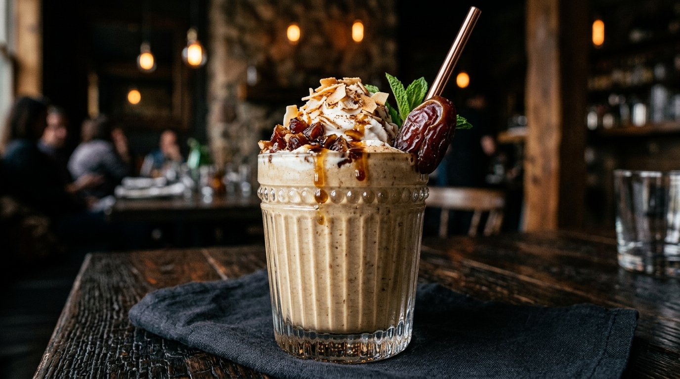 Close-up of luxurious coconut date milkshake