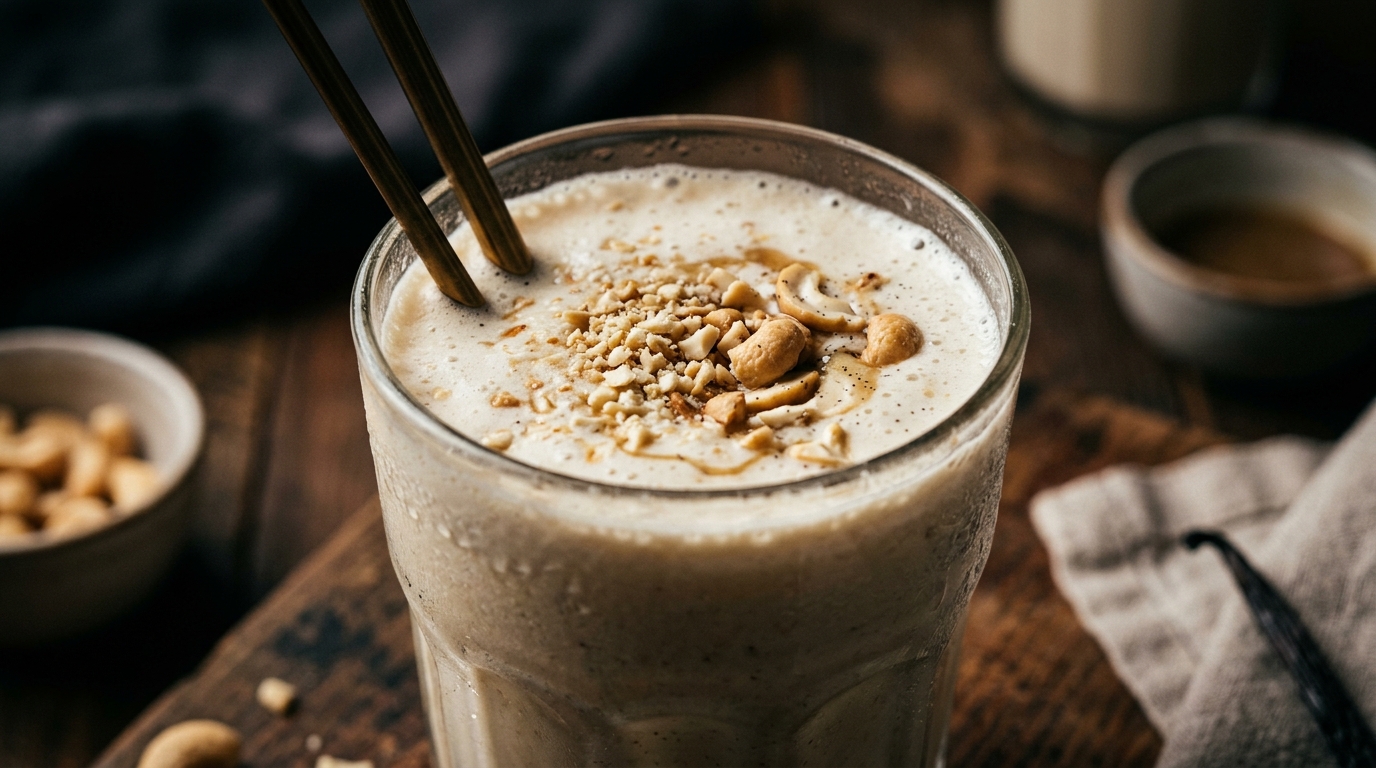 Close-up of smooth cashew vanilla protein milkshake