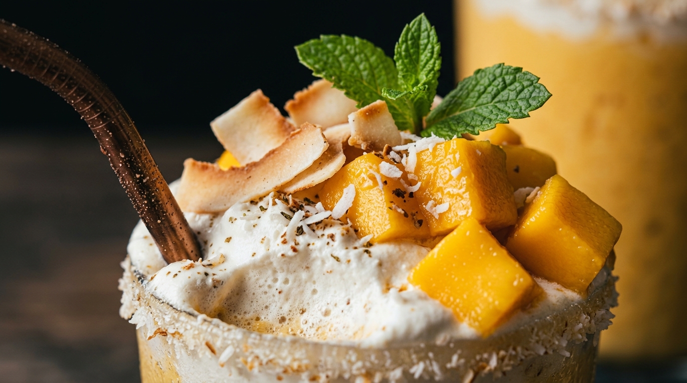Close-up of exotic mango coconut milkshake