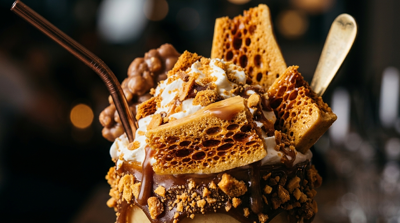 Close-up of honeycomb toffee crunch milkshake