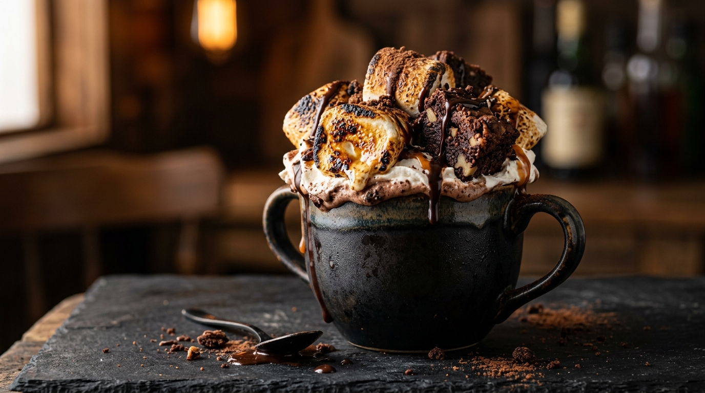 Close-up of toasted marshmallow brownie milkshake