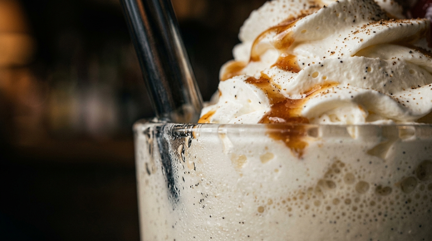 Close-up of classic vanilla bean milkshake with whipped cream