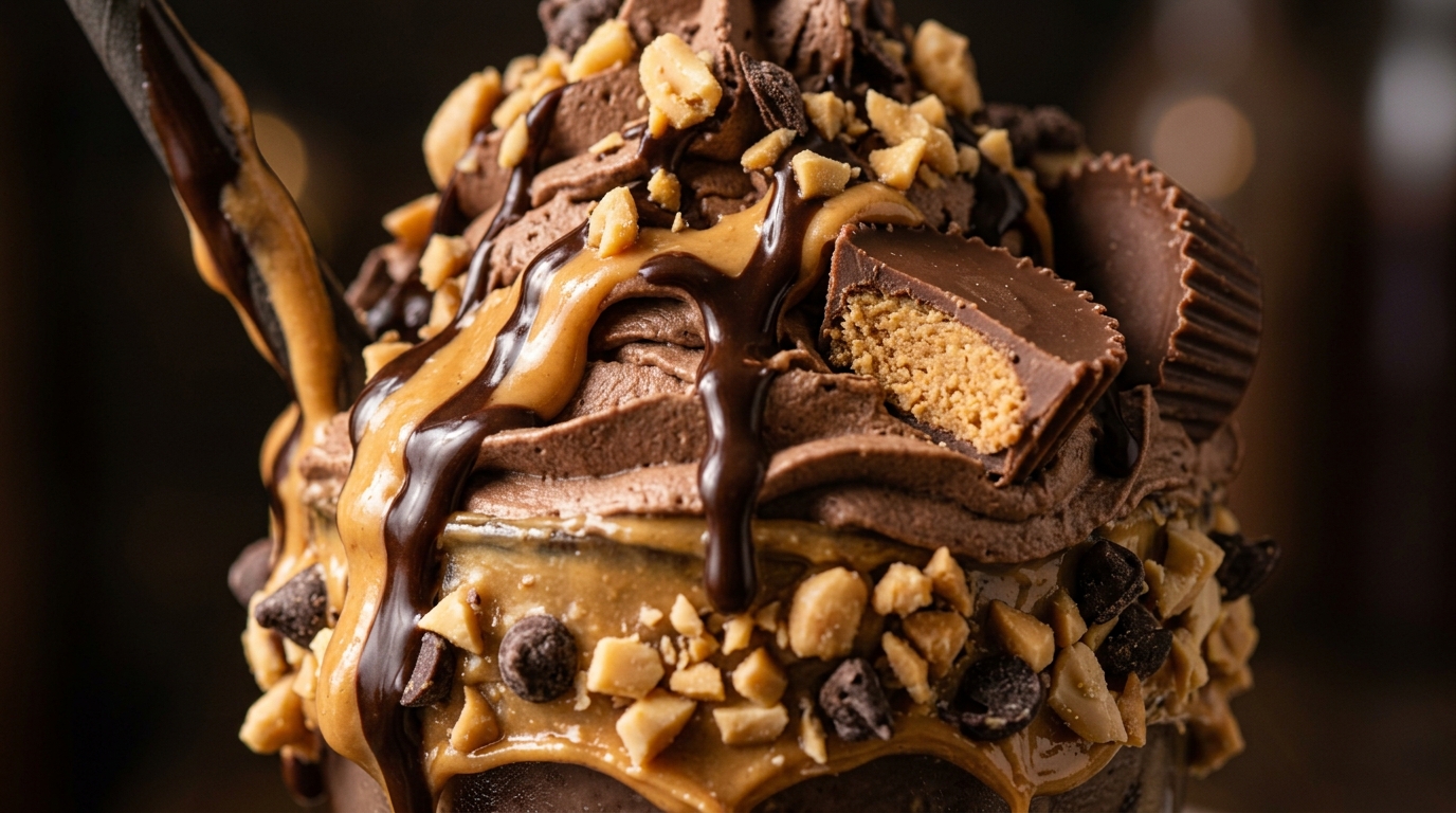 Close-up of decadent chocolate peanut butter milkshake