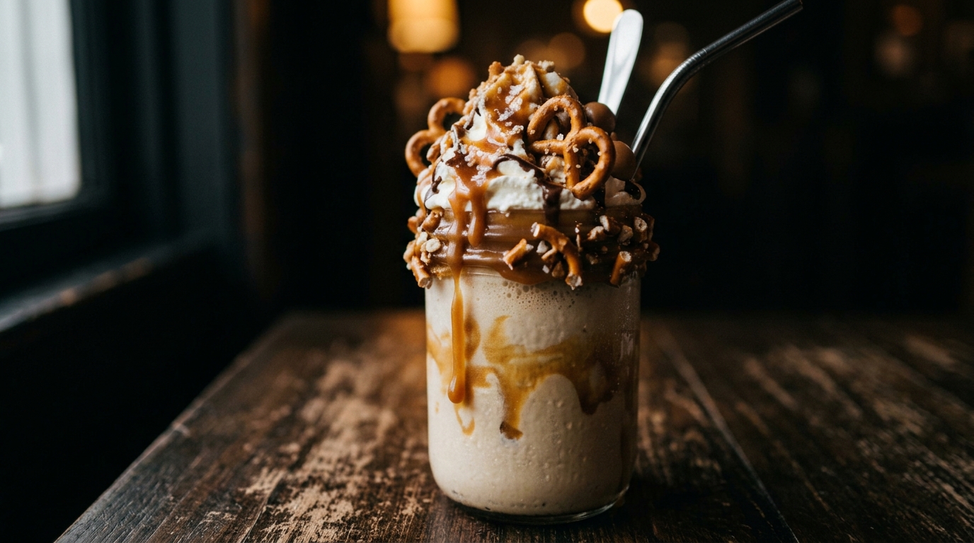 Close-up of salted caramel pretzel dessert milkshake