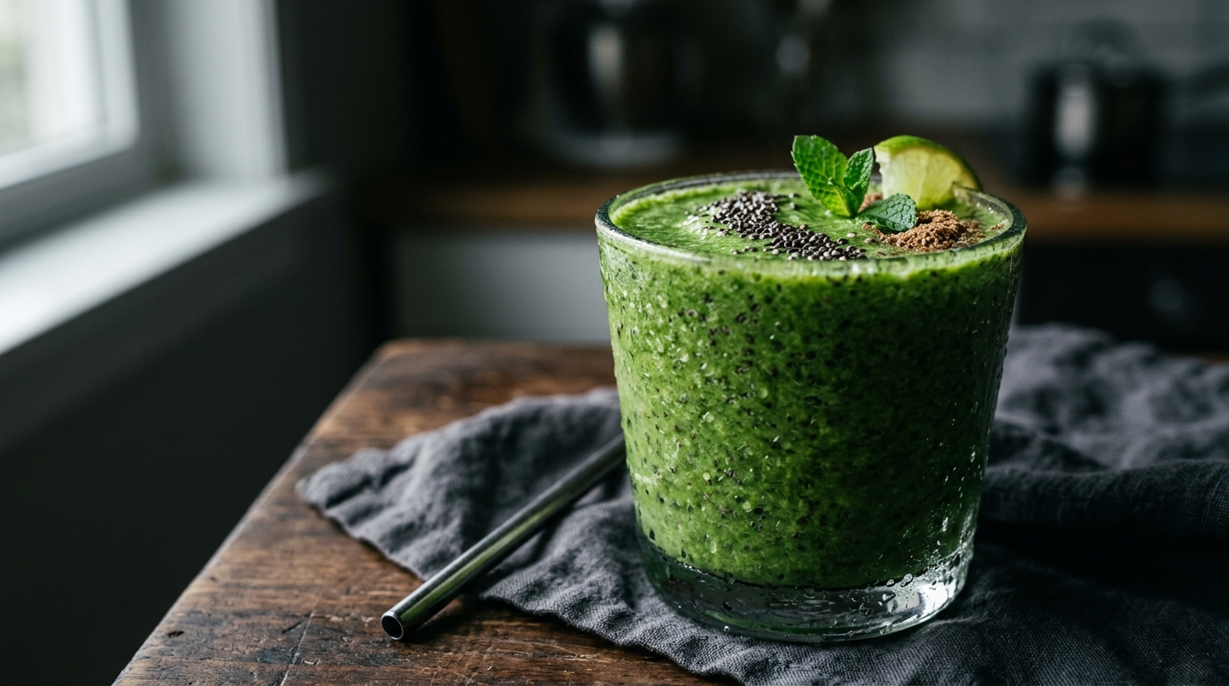 Close-up of green detox smoothie with spinach and chia seeds