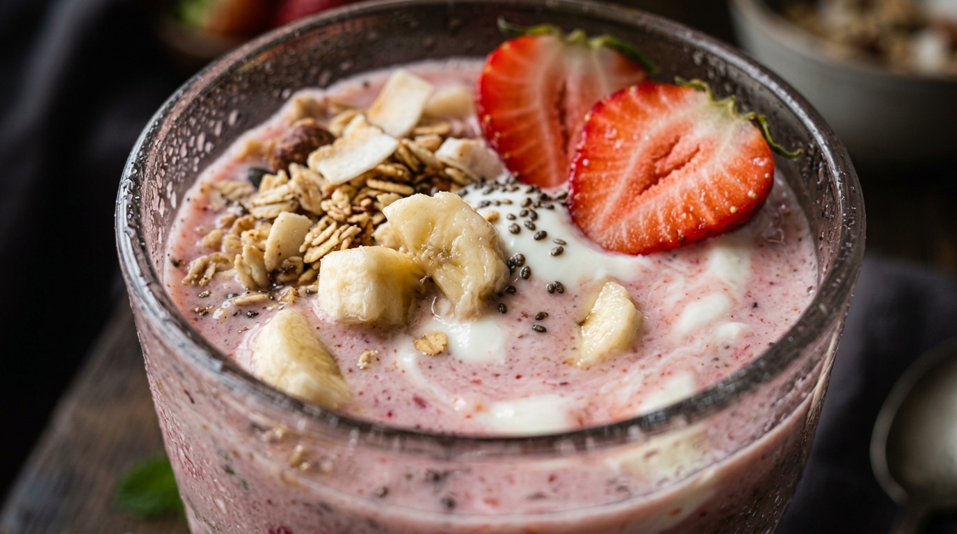 Close-up of strawberry banana smoothie with greek yogurt