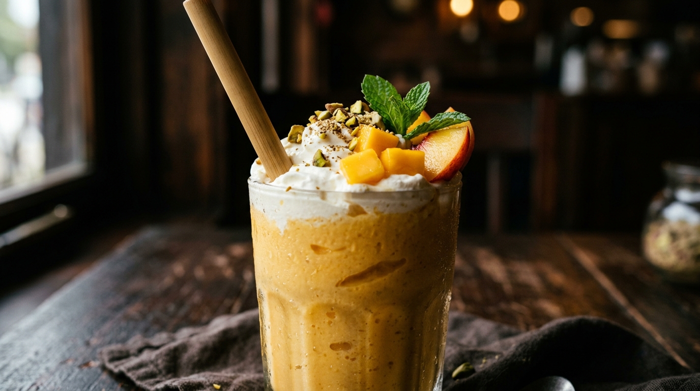 Close-up of refreshing mango peach milkshake