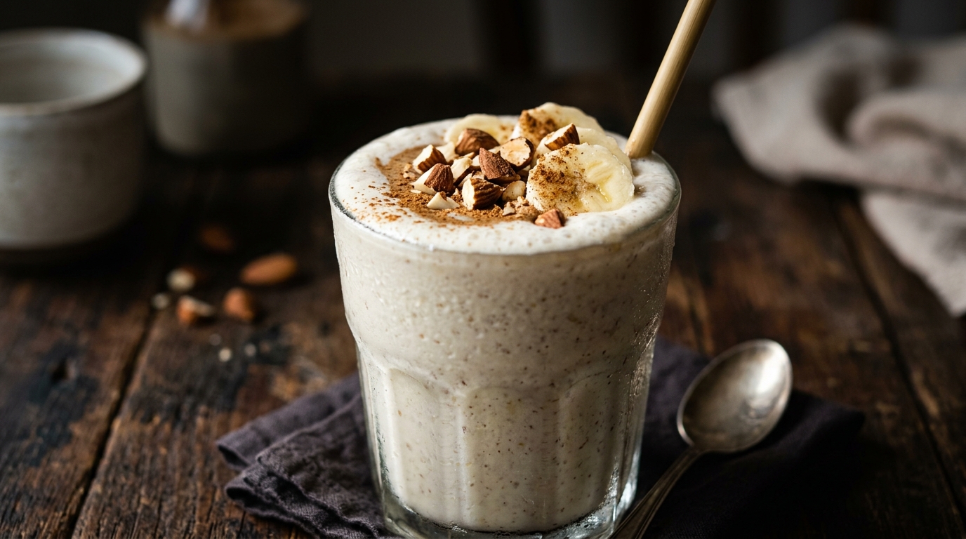 Close-up of healthy banana almond milkshake