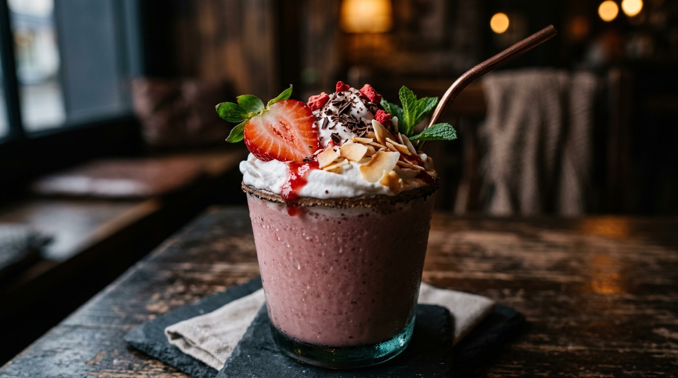 Close-up of vegan strawberry coconut milkshake