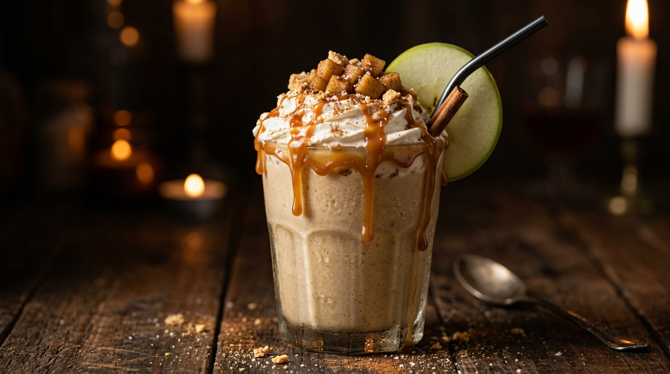 Close-up of creamy caramel apple milkshake