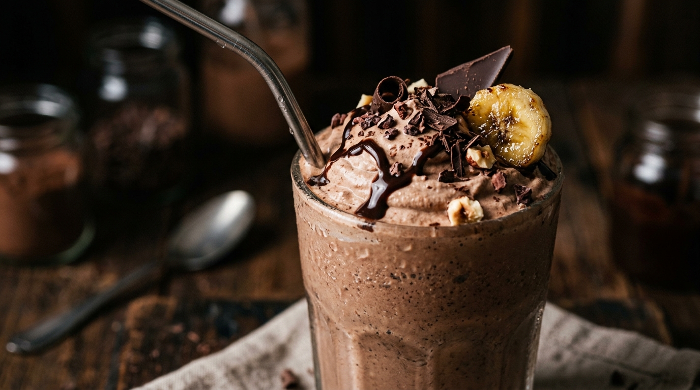 Close-up of high protein chocolate banana milkshake