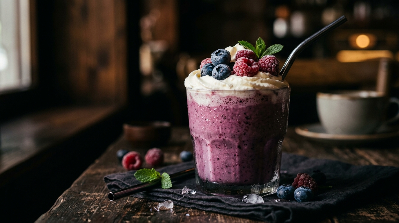 Close-up of refreshing blueberry raspberry milkshake
