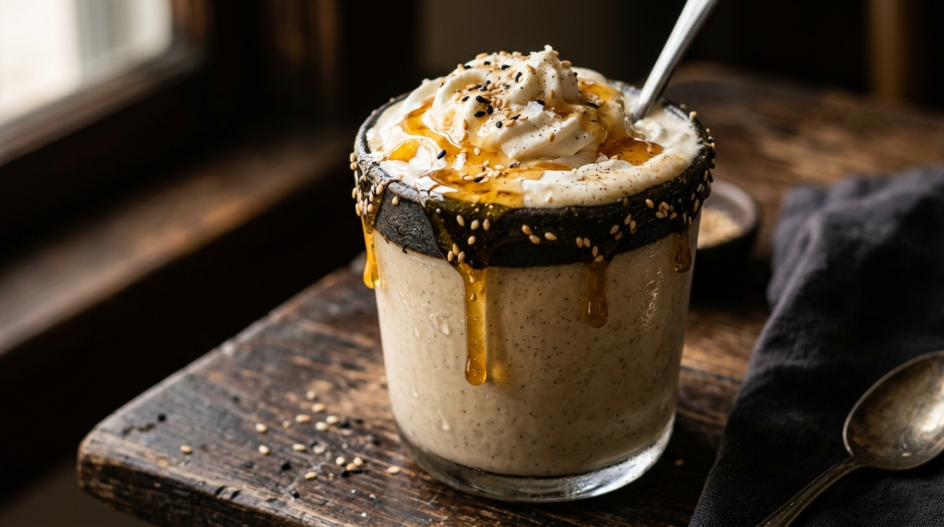 Close-up of tahini vanilla milkshake with honey drizzle