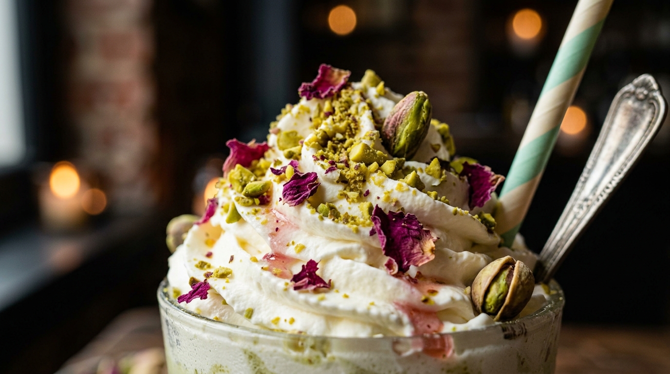 Close-up of pistachio rosewater milkshake