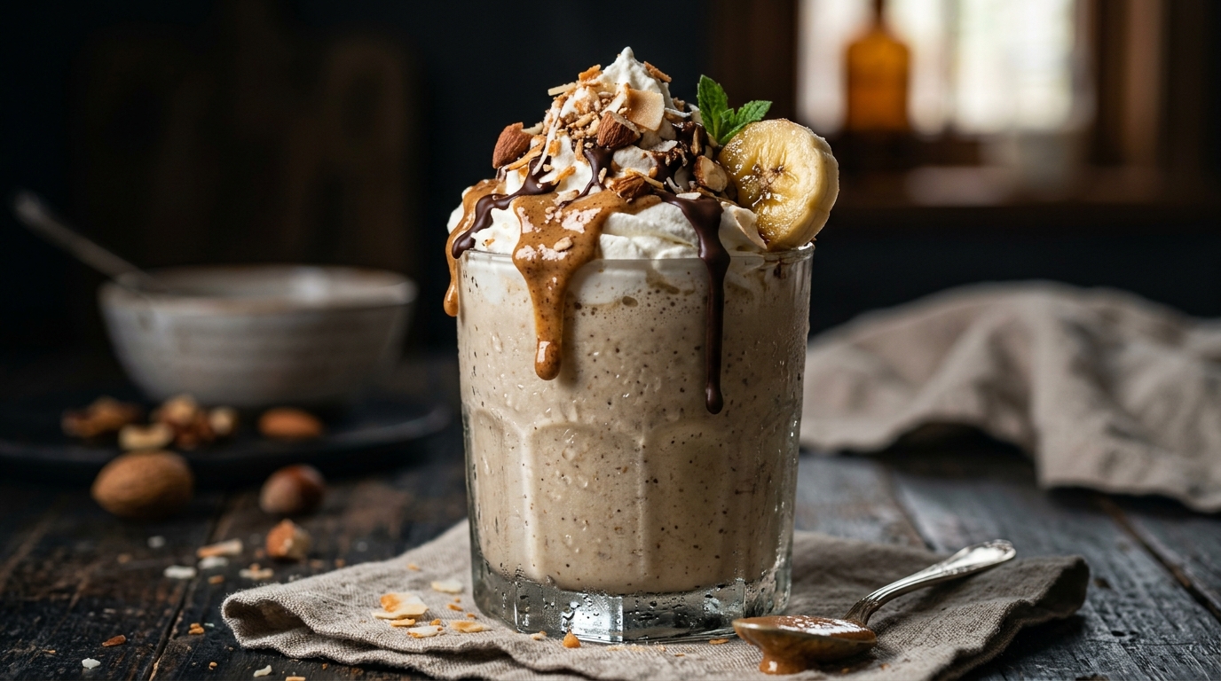 Close-up of almond butter banana milkshake