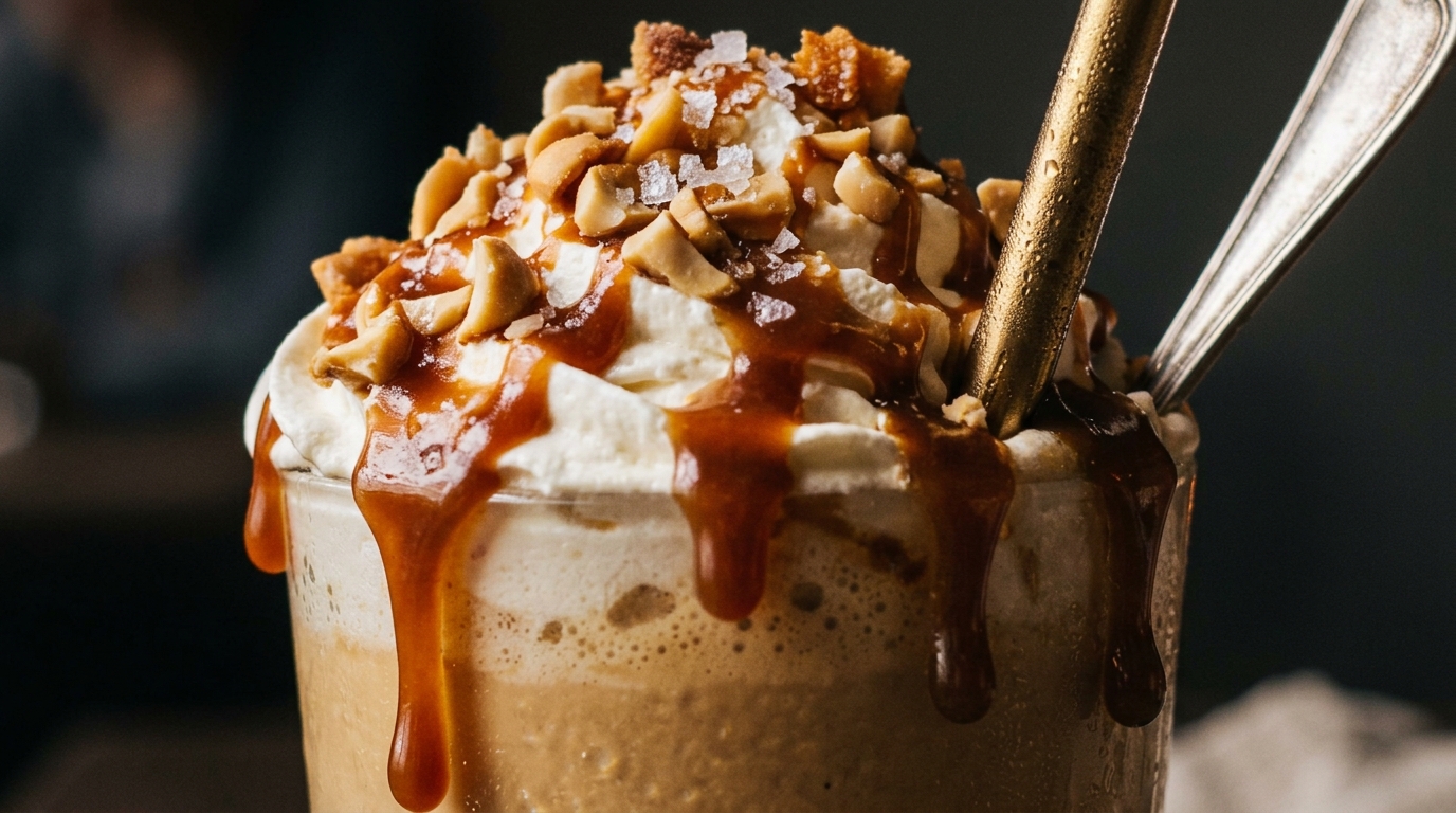 Close-up of cashew caramel milkshake