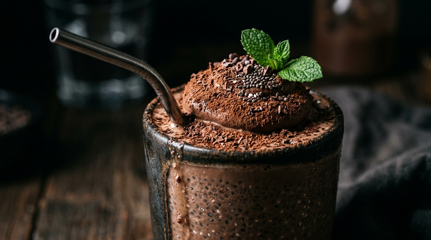 Close-up of chia seed chocolate milkshake